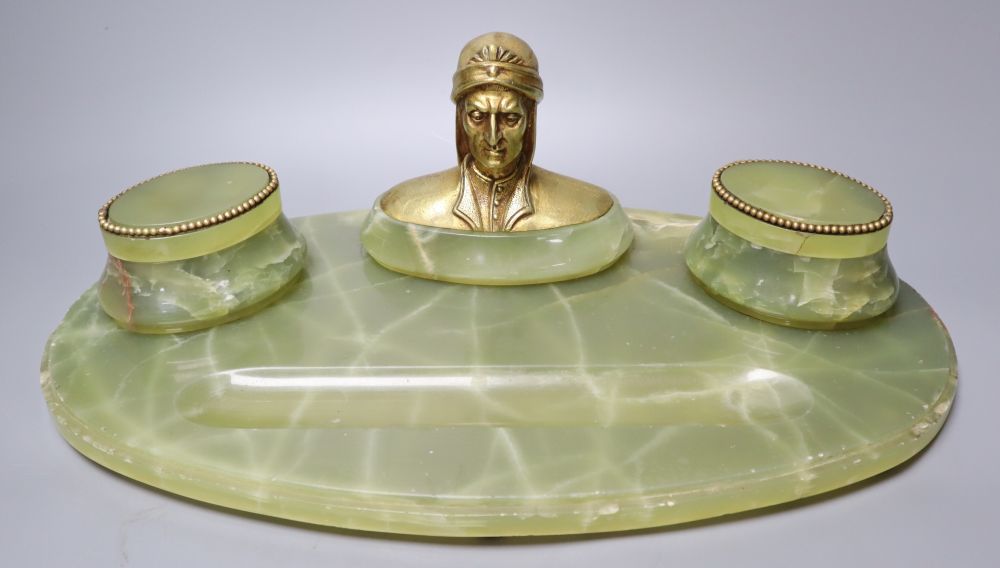 A green onyx desk stand, surmounted with a bust of Dante, 45cm